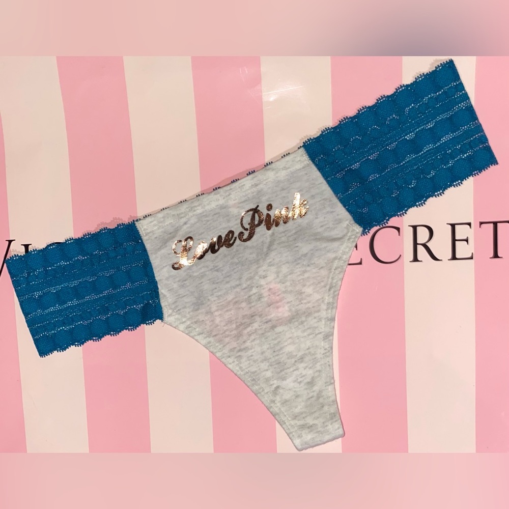 Victoria’s Secret PINK panties PINK Lace Thong PINK thong panties gray gold logo